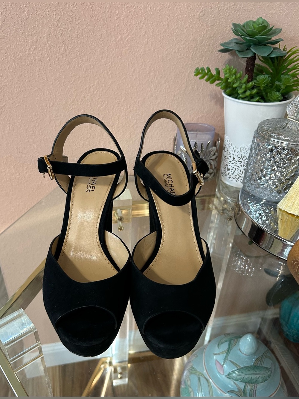 Michael Kors Black Suede Leather Platform Heels with Gold Block Heel Size 7 - Picture 2 of 16